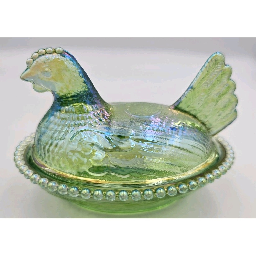 Hen On A Nest Green Carnival Glass Vintage Style